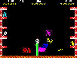 Pssst (ZX Spectrum) screenshot: Each repellent has a specific target. The red one sprays paraboloidal rays and destroys the pests with fur. It can also freeze the caterpillars...