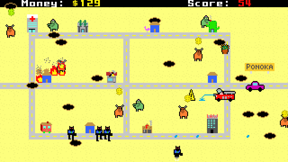 Humble Weekly Bundle: Fantastic Arcade (Windows) screenshot: <i>Risky Bison</i>: lawyers are chasing me and a part of the town is on fire. I'm driving a fire truck.