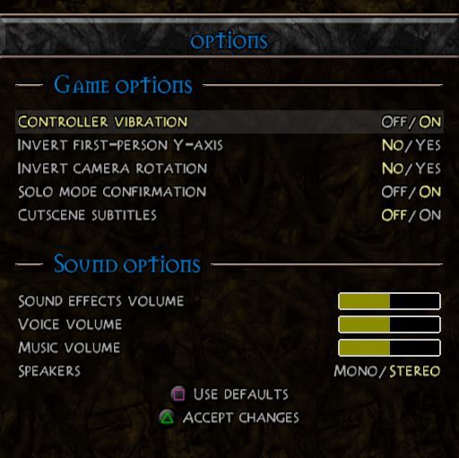 Summoner 2 (PlayStation 2) screenshot: The game configuration options