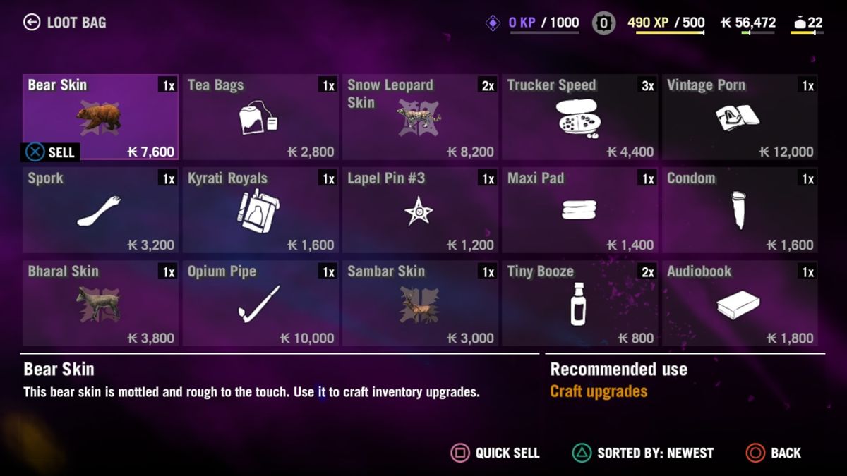 Far Cry 4 (PlayStation 4) screenshot: Your loot bag