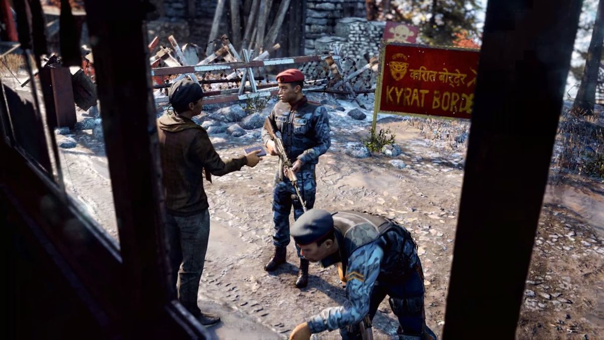 Far Cry 4 (PlayStation 4) screenshot: Soldiers are checking the bus