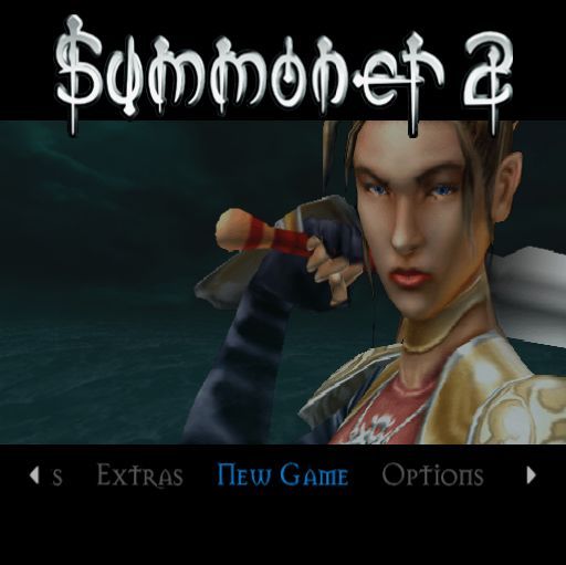 Summoner 2 (PlayStation 2) screenshot: The main menu, the upper half cycles through the game's characters and the directional arrows select one of the menu's three options, New Game, Extras and Options