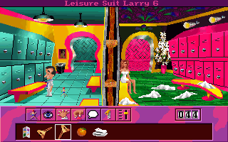 Leisure Suit Larry 6: Shape Up or Slip Out! (DOS) screenshot: Larry in the locker room