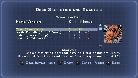Marvel Trading Card Game (PSP) screenshot: Deck statistic and analysis