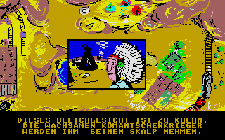 Lucky Luke (Atari ST) screenshot: Visiting Comanche's Leader in the final location (German Version)