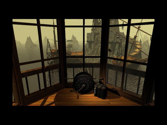 Myst (Amiga) screenshot: The view out the window at the harbor