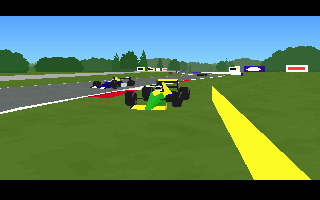 World Circuit (DOS) screenshot: A replay from the track-side TV camera perspective.