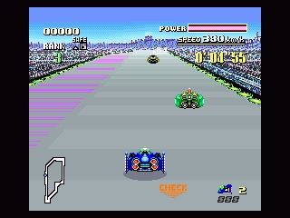 F-Zero (SNES) screenshot: The pink stripes to the left are the power refill area...