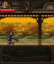 Damage San (J2ME) screenshot: Crouch or jump to avoid fireballs.