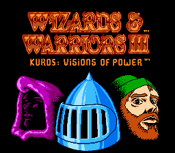 Wizards & Warriors III: Kuros - Visions of Power (NES) screenshot: Title screen featuring the 3 different player classes: wizard, knight, and thief