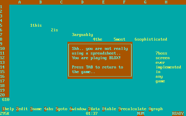 Blox (DOS) screenshot: Here it is, ladies and gentlemen... the world's most elaborate boss key screen!