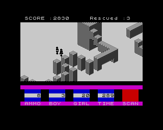 Ant Attack (ZX Spectrum) screenshot: - Why is the town so silent?<br>- What happened here... (twilight zone music score)