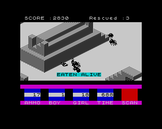 Ant Attack (ZX Spectrum) screenshot: The young couple was surrounded without any ammo left. The village was decimated, everyone's killed. They tighten their hands and promised their love to the skies... my love, my love...