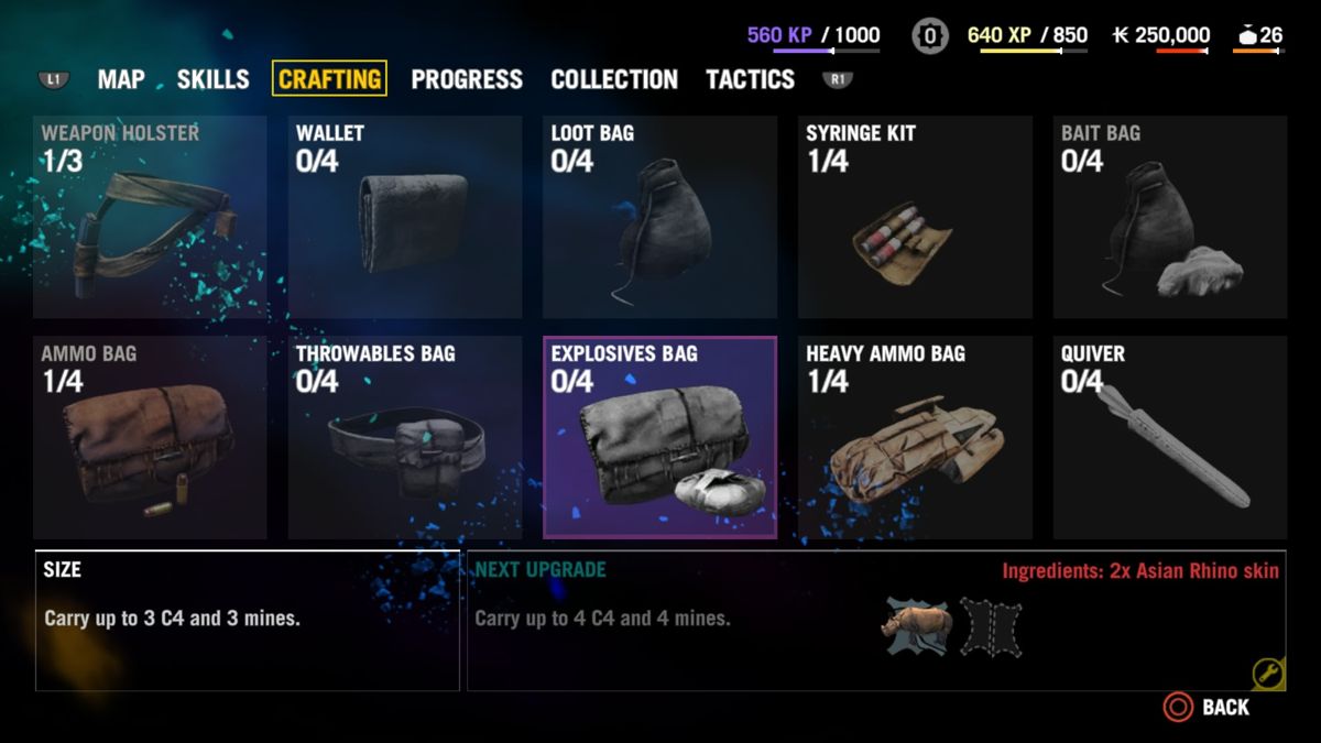 Far Cry 4 (PlayStation 4) screenshot: You need animals skins to craft various bags that will increase your carrying capacity