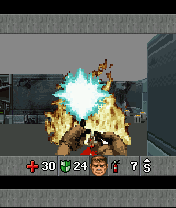 Doom RPG (J2ME) screenshot: The fire extinguisher clears the path.
