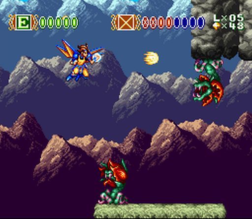 Skyblazer (SNES) screenshot: A Shoot'Em Up level