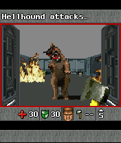 Doom RPG (J2ME) screenshot: A Hellhound attacks, but I'm carrying an axe.
