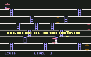 Climber 5 (Commodore 64) screenshot: I lost all my lives. Fire to continue at this level.