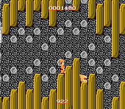 Atlantis no Nazo (NES) screenshot: This level can drive a perosn insane. If you don't jump quickly enough, you'll run out of time before you come to the middle. And, you'll slip so many times into those gaps...
