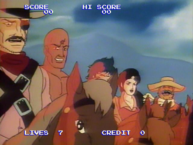 Badlands (Arcade) screenshot: The band of outlaws mock Buck.