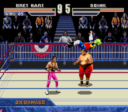 WWF WrestleMania (Genesis) screenshot: Doink flies as Bret Hart wonders if it's possible to do the same to Yokozuna
