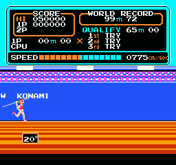 Track & Field (NES) screenshot: Building up speed for the javelin throw