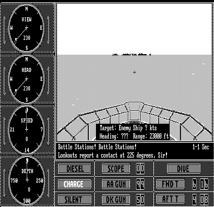 Sub Battle Simulator (DOS) screenshot: Battle stations! (Hercules Monochrome)