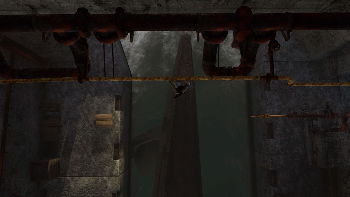 Uncharted: Drake's Fortune (PlayStation 4) screenshot: Climbing pipes in the U-boat bay
