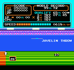 Track & Field (NES) screenshot: Javelin in midflight