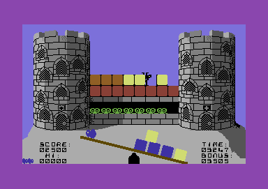 See-Saw (Commodore 64) screenshot: Five blocks on the see-saw will cause it to be immobilized