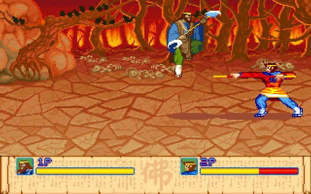 Xi You Ji (DOS) screenshot: Player vs Player mode lets your characters fight each other. You can choose your own background scenery.