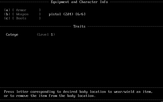 Doom, the Roguelike (DOS) screenshot: Equipment and Character Info.
