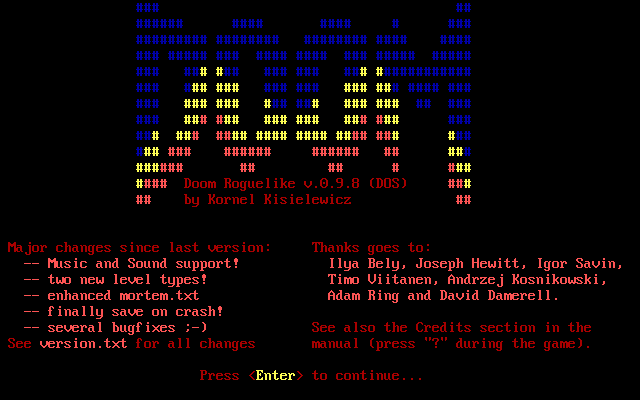 Doom, the Roguelike (DOS) screenshot: The Title screen. Nice ASCII!