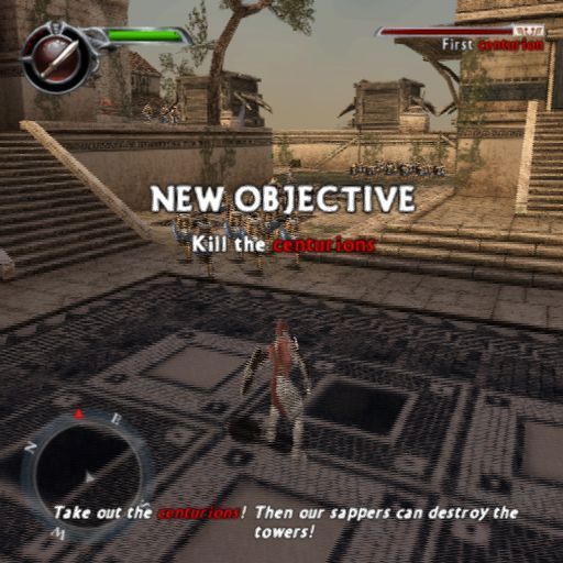 Spartan: Total Warrior (PlayStation 2) screenshot: The first mission objective - Kill the Centurions who come out of the siege towers