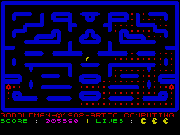 Gobbleman (ZX Spectrum) screenshot: One Gobbleman down turned into an "f" of factory.