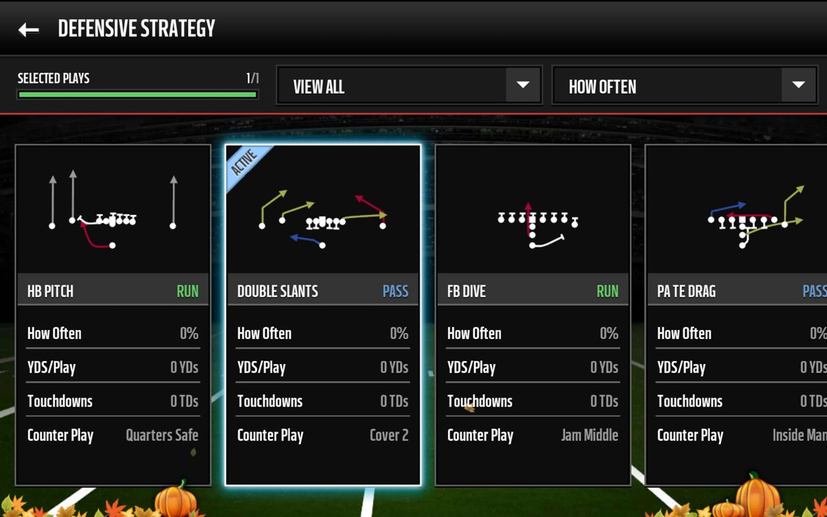 Madden NFL Mobile (Android) screenshot: Available defensive strategies