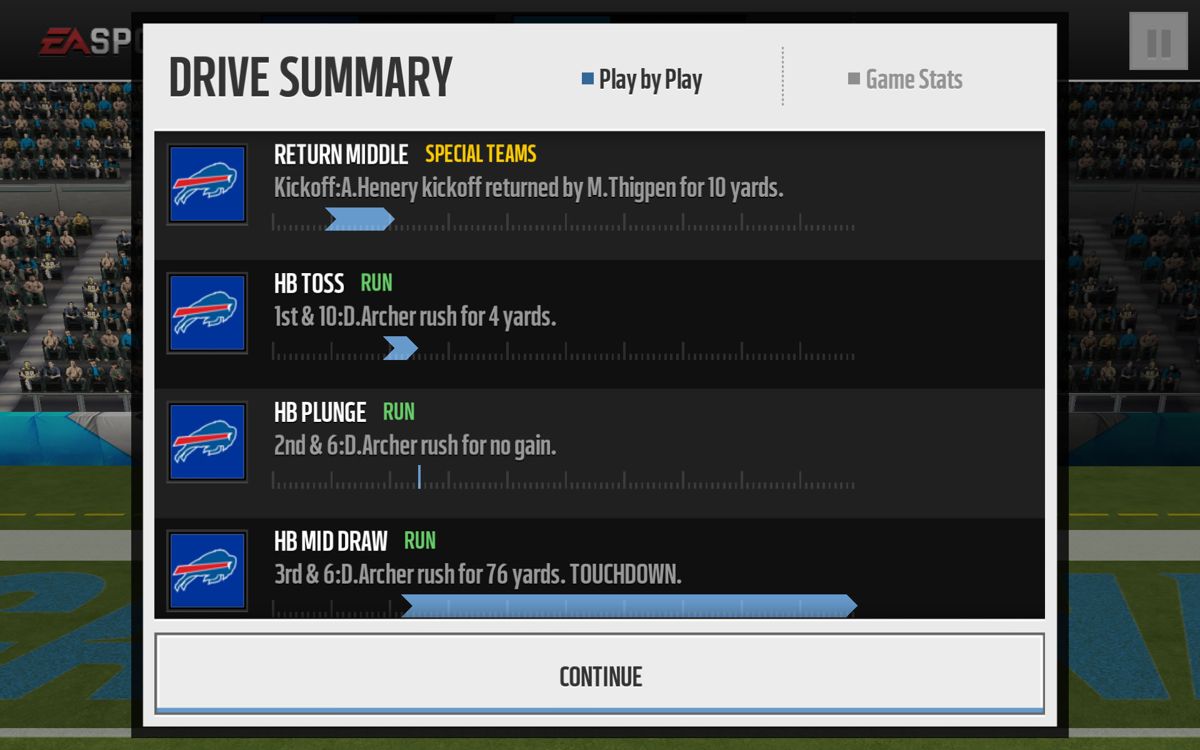 Madden NFL Mobile (Android) screenshot: Drive summary
