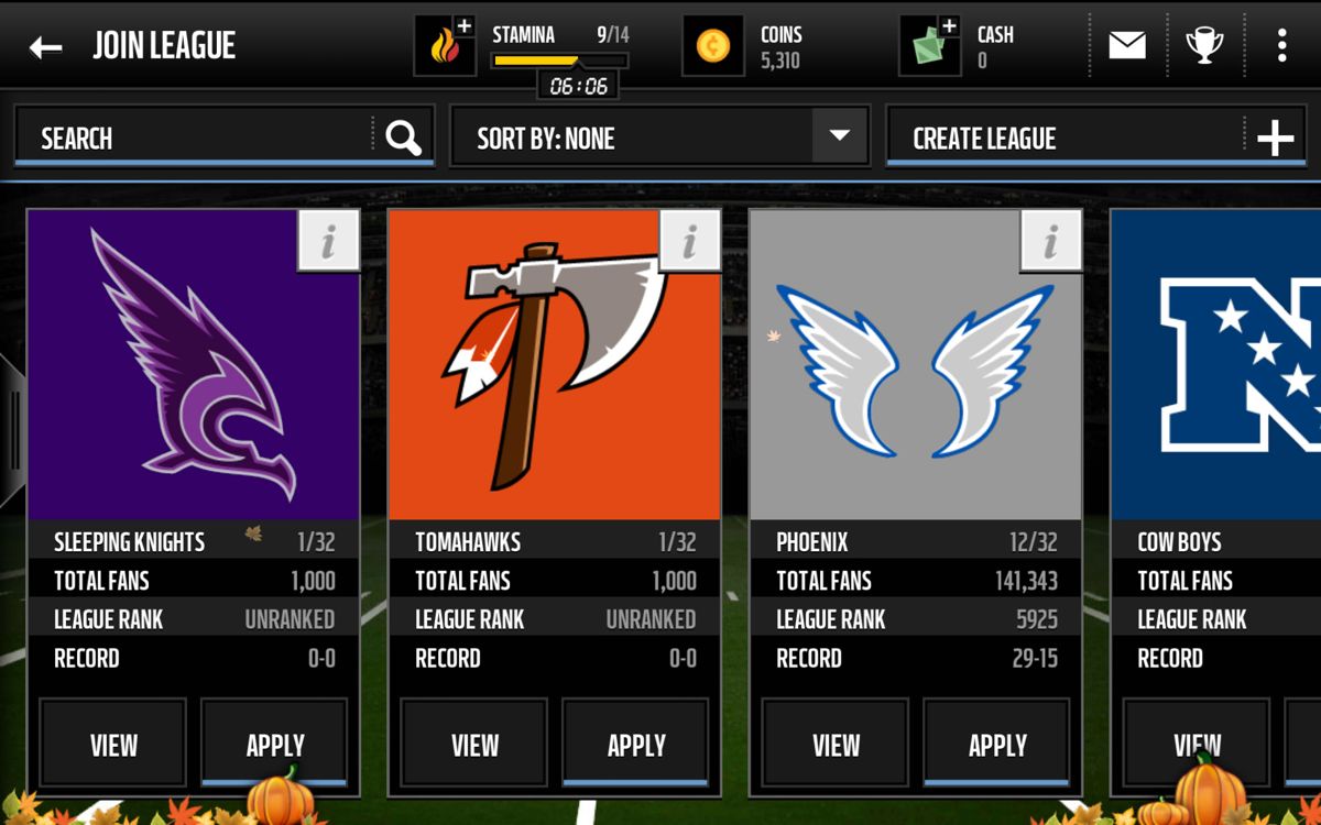Madden NFL Mobile (Android) screenshot: Browsing the active leagues.