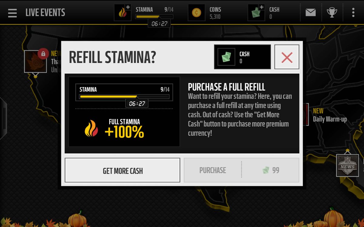Madden NFL Mobile (Android) screenshot: Stamina refill options