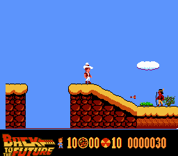 Back to the Future Part II & III (NES) screenshot: Second part of the game is played in the Wild West.