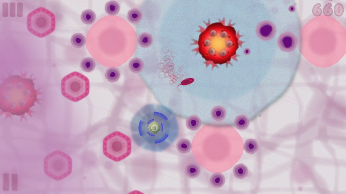 Infektor (iPhone) screenshot: Watch out for the green lymphocytes, they are really fast. Also avoid the red macrophages, popping them will release more enemies.