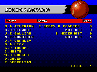 Allan Border's Cricket (Genesis) screenshot: Scorecard