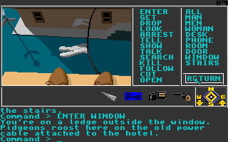 Borrowed Time (Amiga) screenshot: Making an escape out the window.