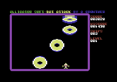Bat Attack (Commodore 64) screenshot: Avoid the spinning discs once you have conquered a level