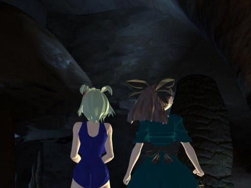 Mahō no Shippo na 3 (Windows) screenshot: Two little girls in a big cave