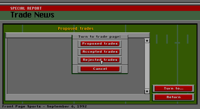 Front Page Sports: Football (DOS) screenshot: Trade desk