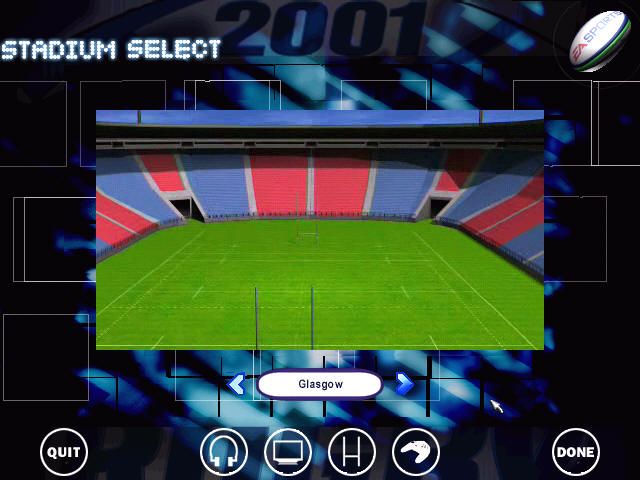 Rugby (Windows) screenshot: Stadium selection has a flyby along some comments on each venue