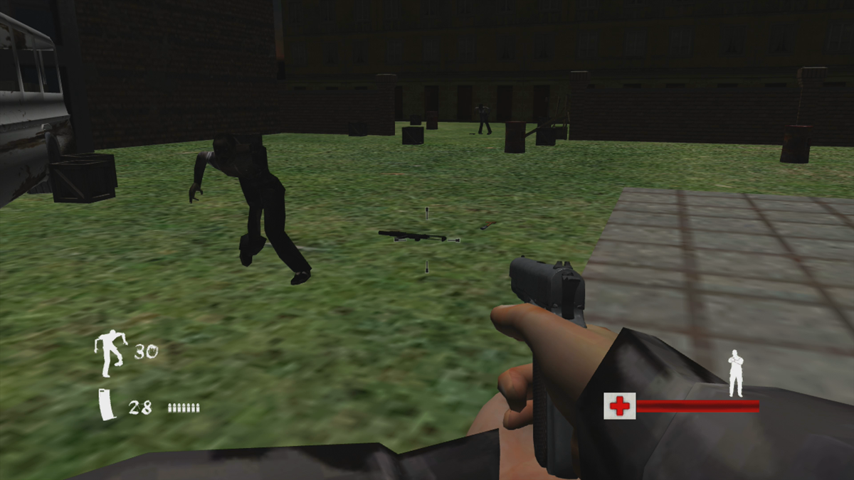 The Co-Op Zombie Game (Xbox 360) screenshot: We died and have to pick up our weapon at the place of death (Trial version)
