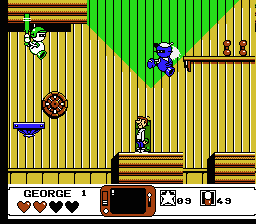 The Jetsons: Cogswell's Caper (NES) screenshot: Baseball robots (don't let their balls hit you.)