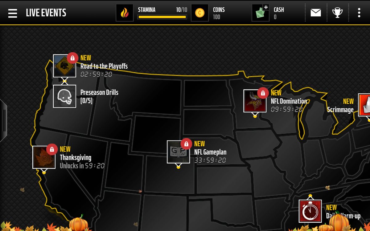 Madden NFL Mobile (Android) screenshot: Live events on a game map